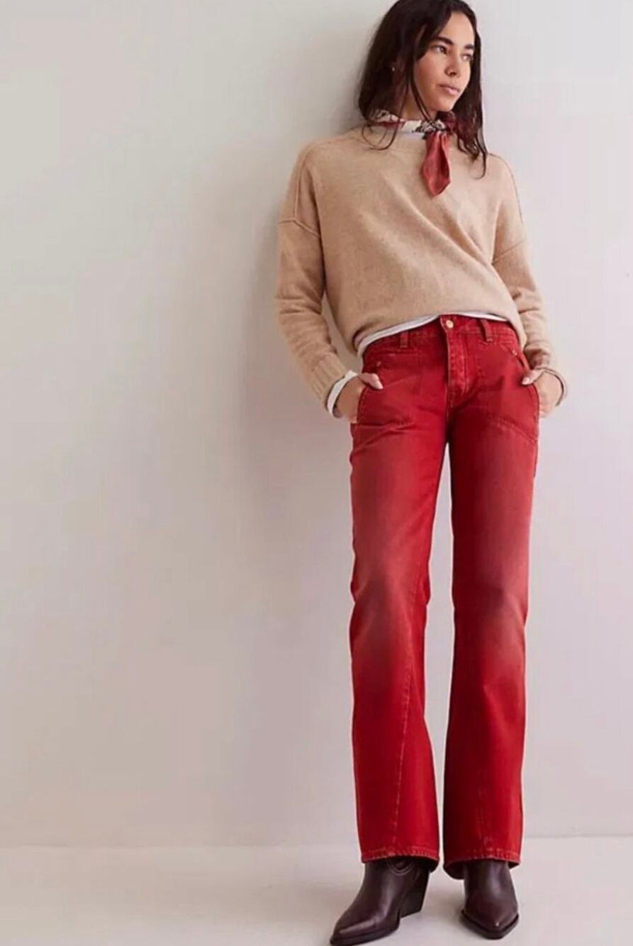 NWOT Free People We The Free Carnivale Low Rise Boot Cut Jeans Carmin Red 24